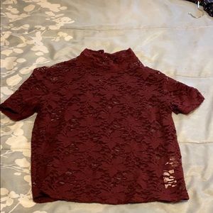 Burgundy Mesh High-Collared Top